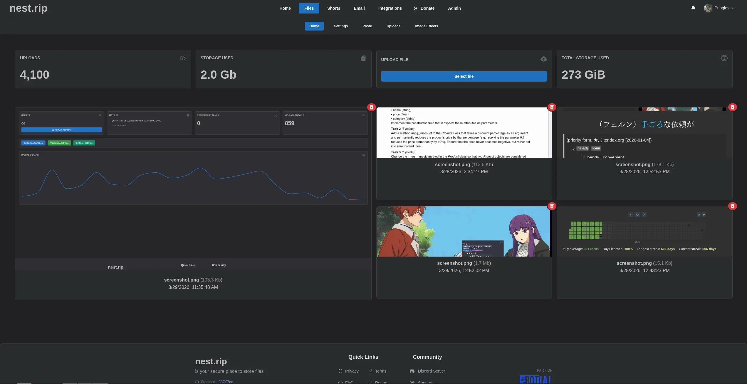 The files sub-page, showing recent uploads and some statistics.